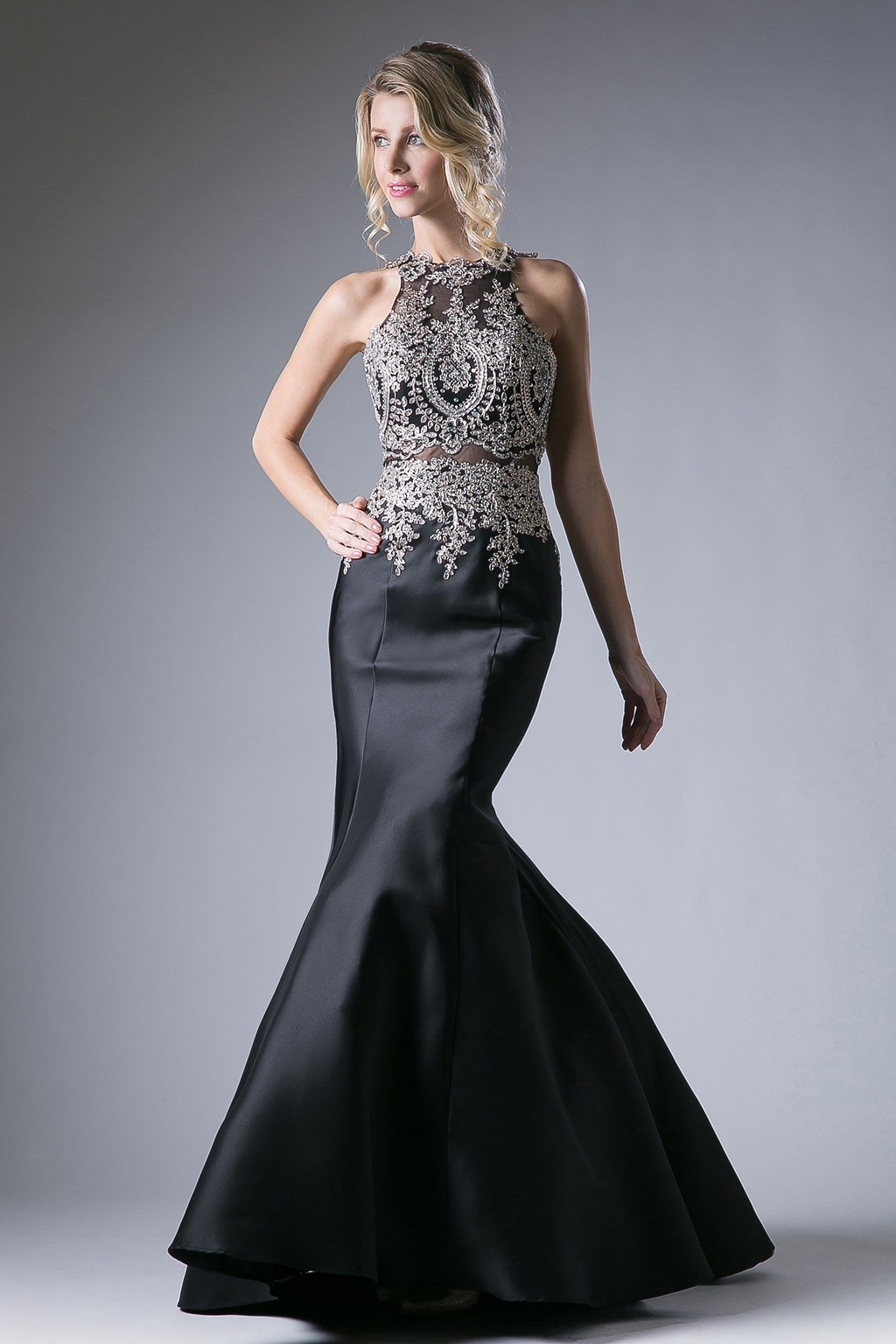 Fitted Mermaid Gown with Lace Halter Neckline-0