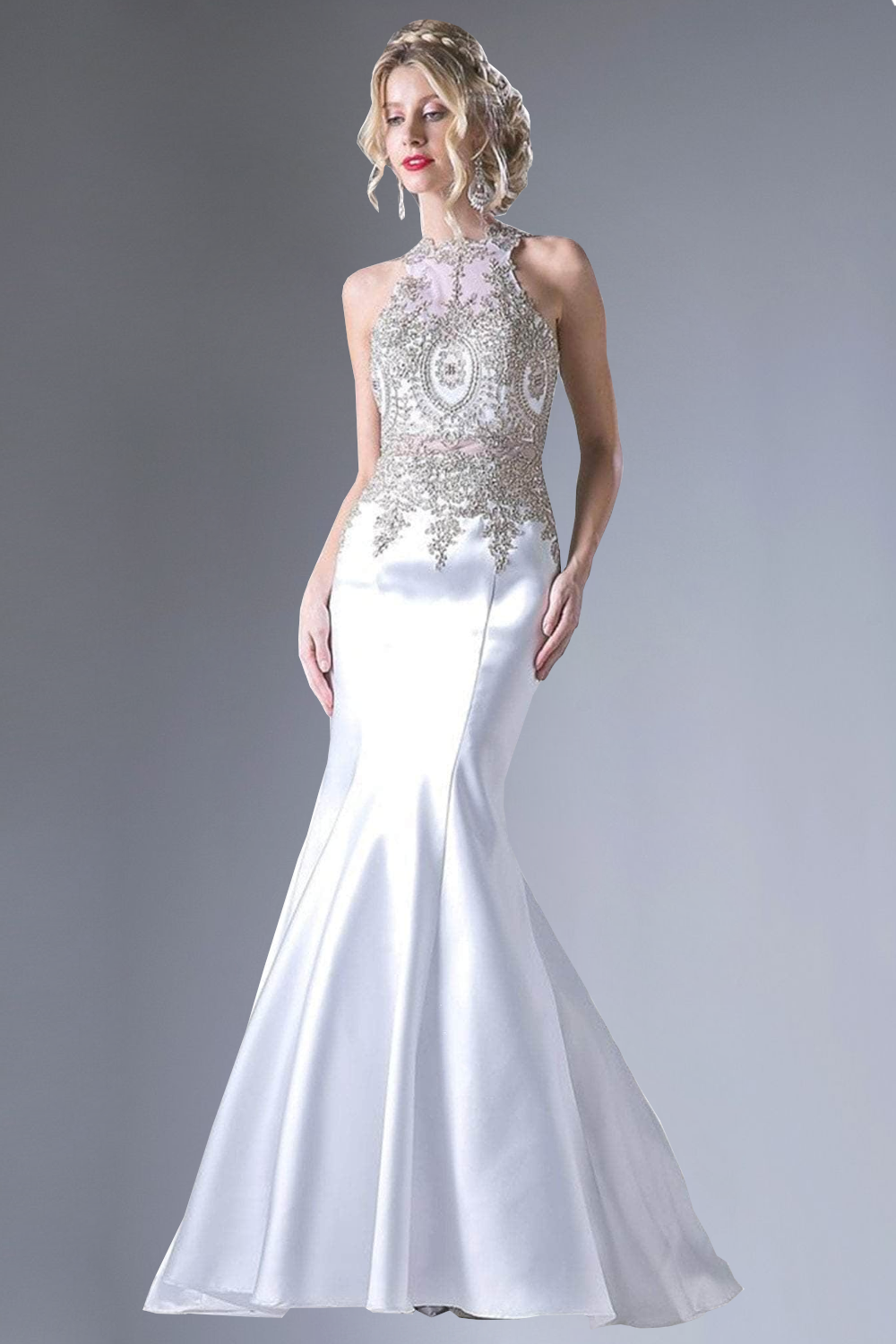 Fitted Mermaid Gown with Lace Halter Neckline-3