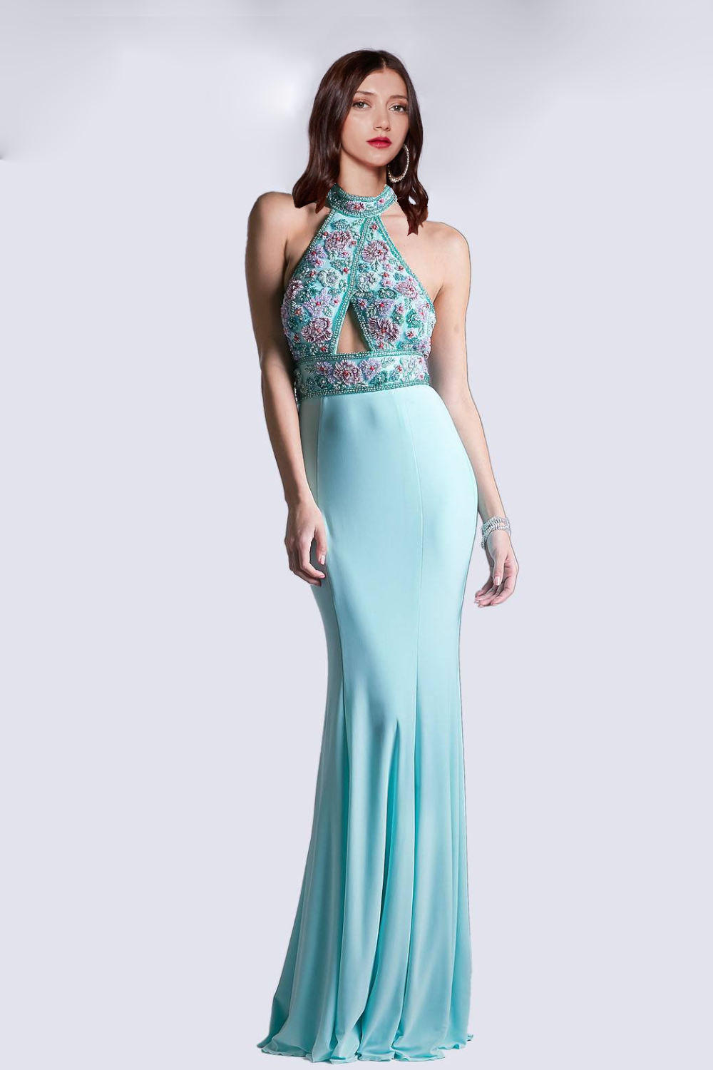 Fitted Jersey Gown with Beaded Halter Neckline-1
