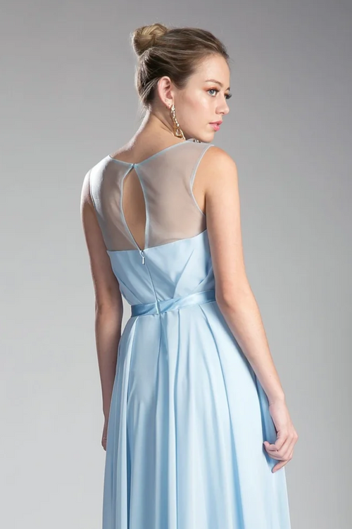 A-Line Long Illusiuon Neck Chiffon Dress-0