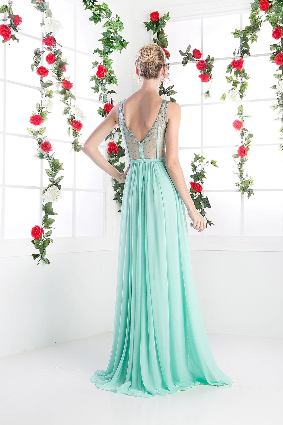 A-line Stretch Nesh Gown With Illusion Bodice-2