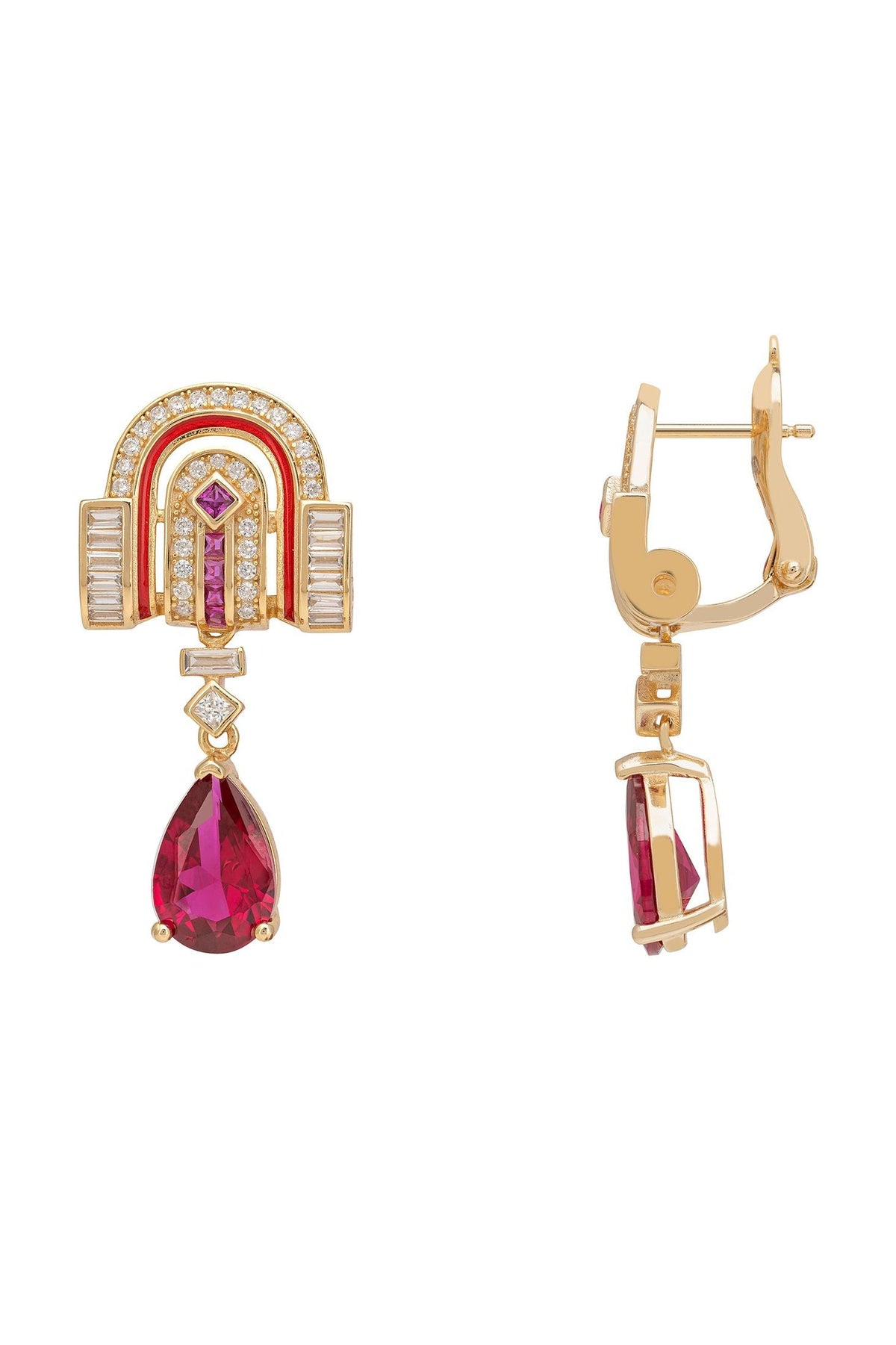 Savoy Art Deco  Drop Earrings Ruby Gold