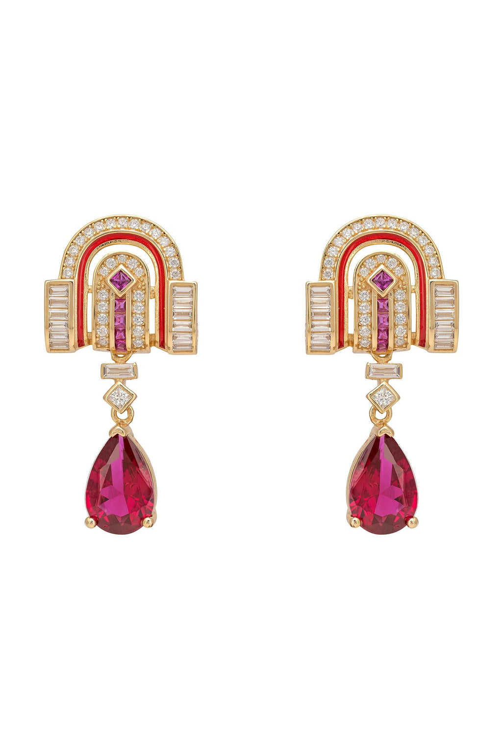 Savoy Art Deco  Drop Earrings Ruby Gold