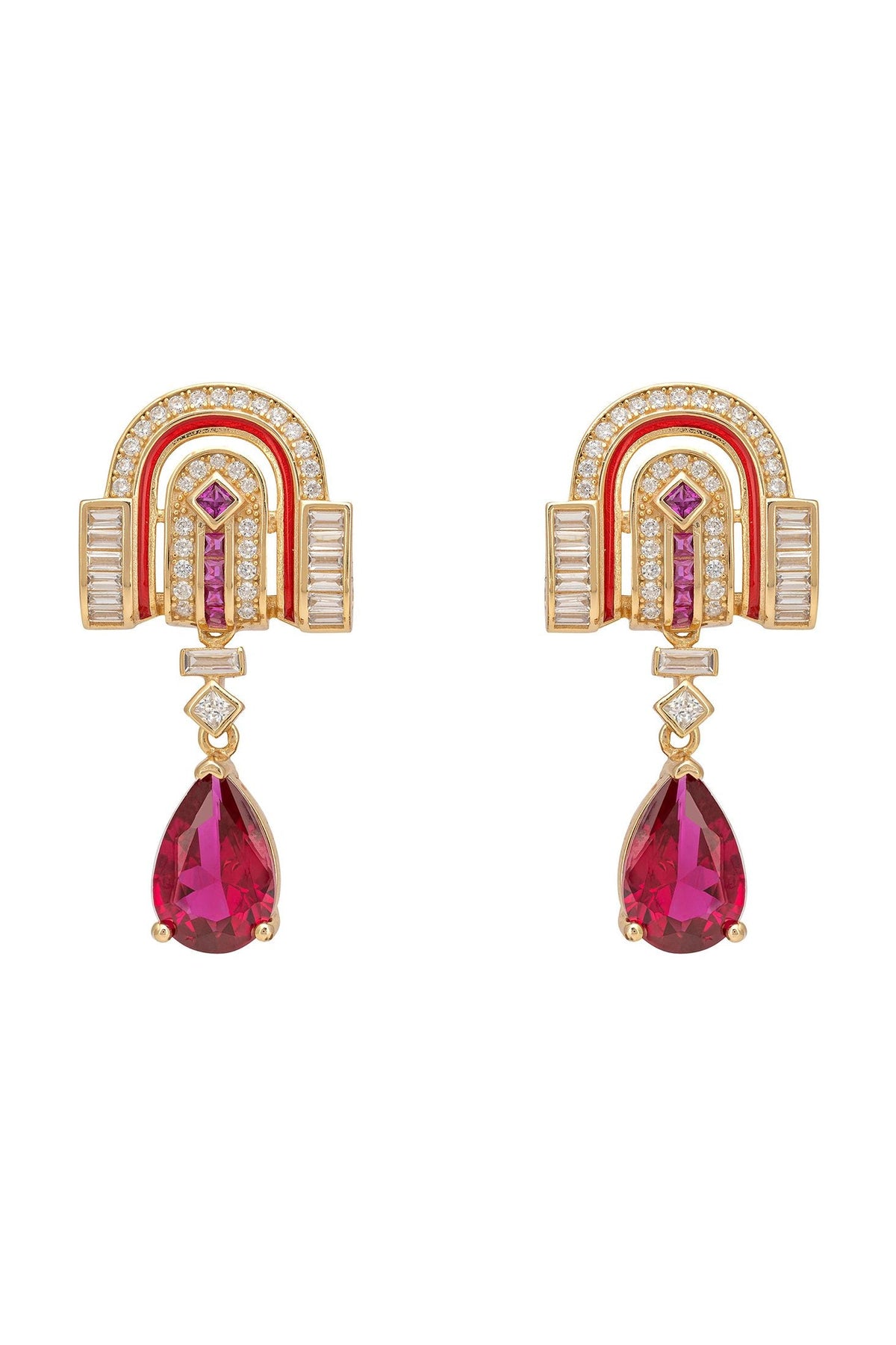 Savoy Art Deco  Drop Earrings Ruby Gold