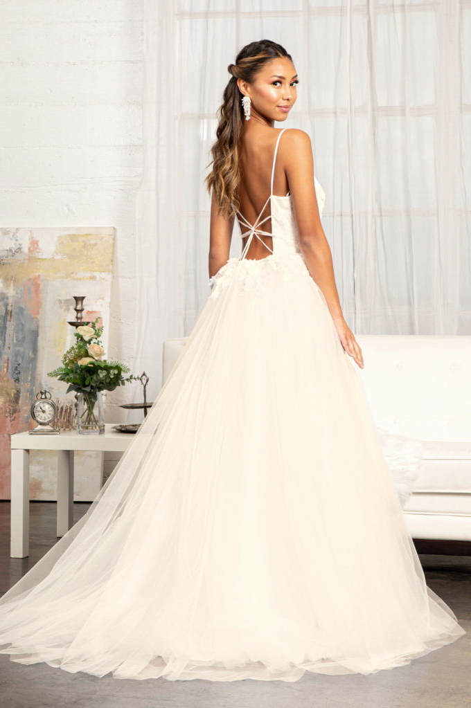 Embroidery & 3D Floral Applique Embellished V-Neck Mesh Wedding Dress-4