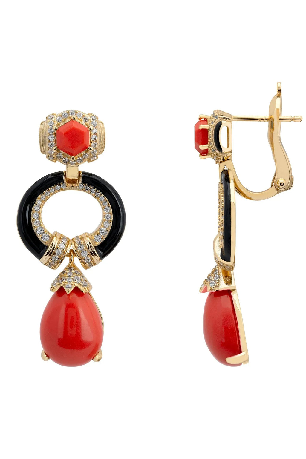Clara Bow Coral & Enamel Drop Earrings Gold