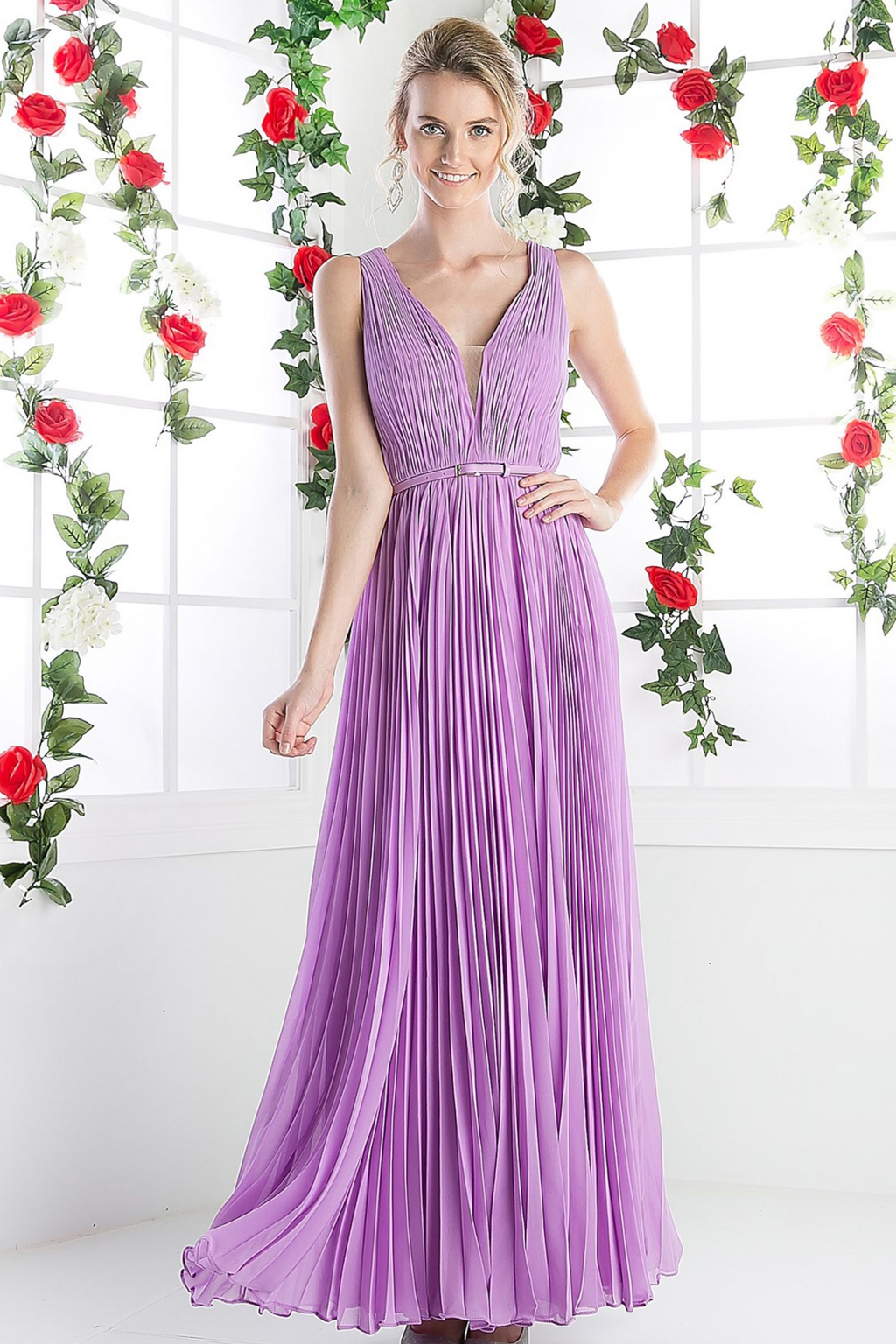 Long Chiffon Sleeveless Dress With Belt-3