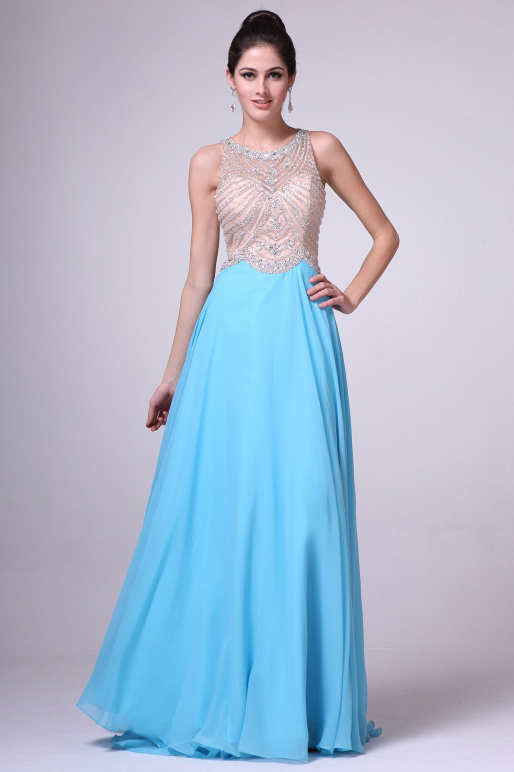 Long A-Line Skirt with Illusion Jewel Neckline-2