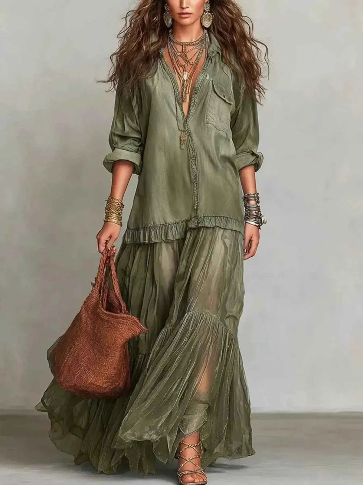 Long Sleeve Sheer Ruffle Maxi Dress