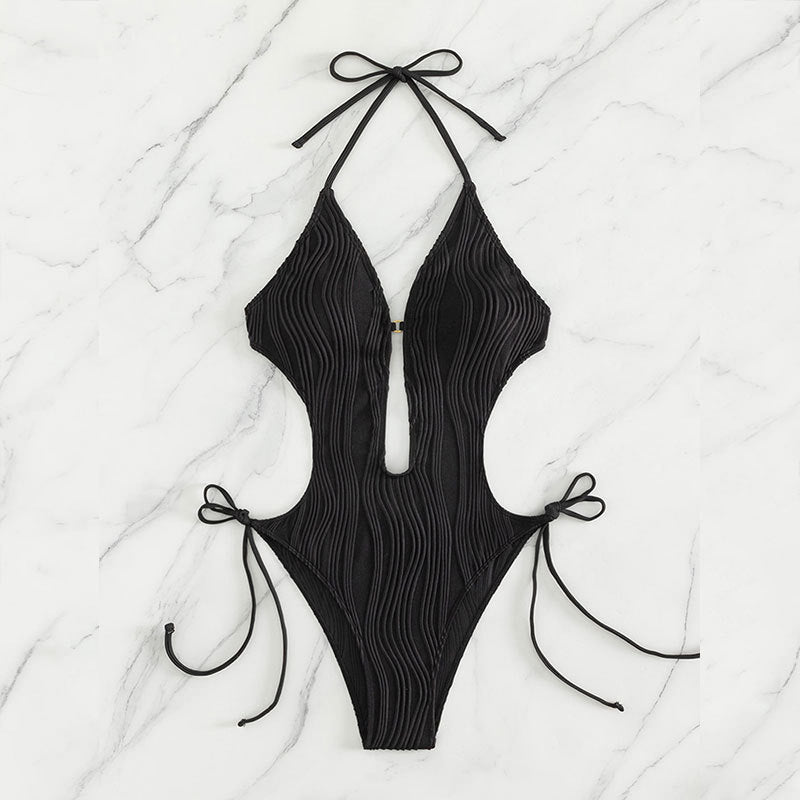 Solid Color Strappy Sexy High-Waisted Bikini Swimwear