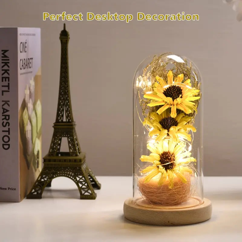 Radiant Christmas Joy: LED-Lit Artificial Sunflower in Glass Dom