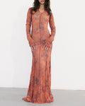 Burnt Orange / Red Vintage Floral Lace Mesh Maxi Dress