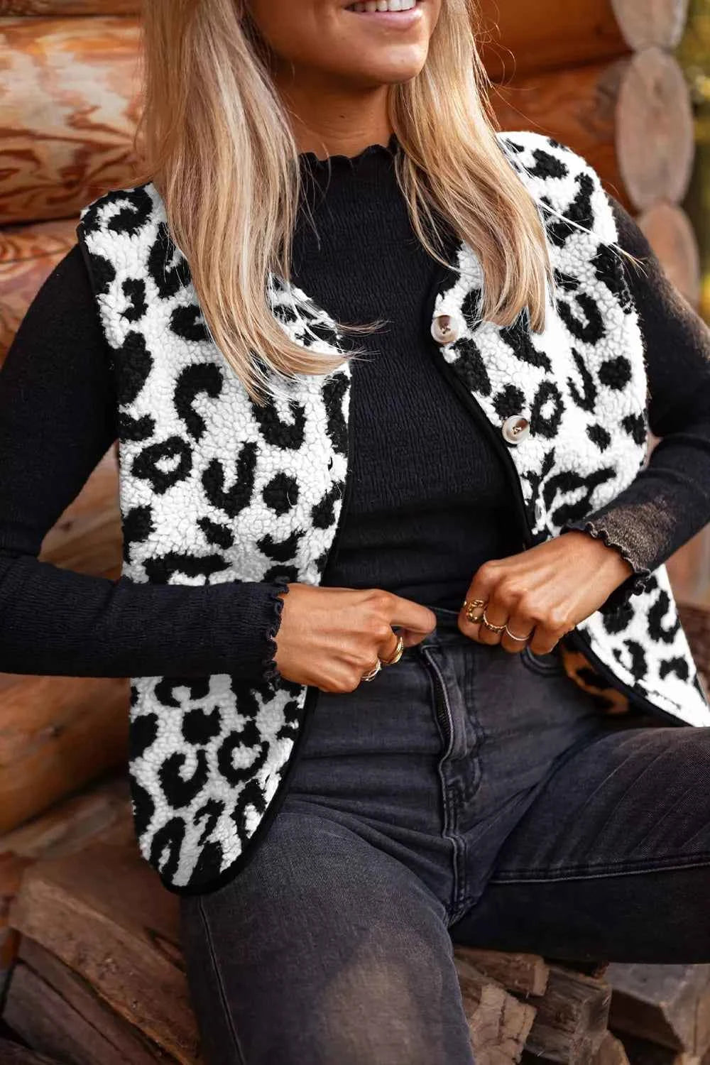 Leopard Print Sherpa Fleece Vest Coat