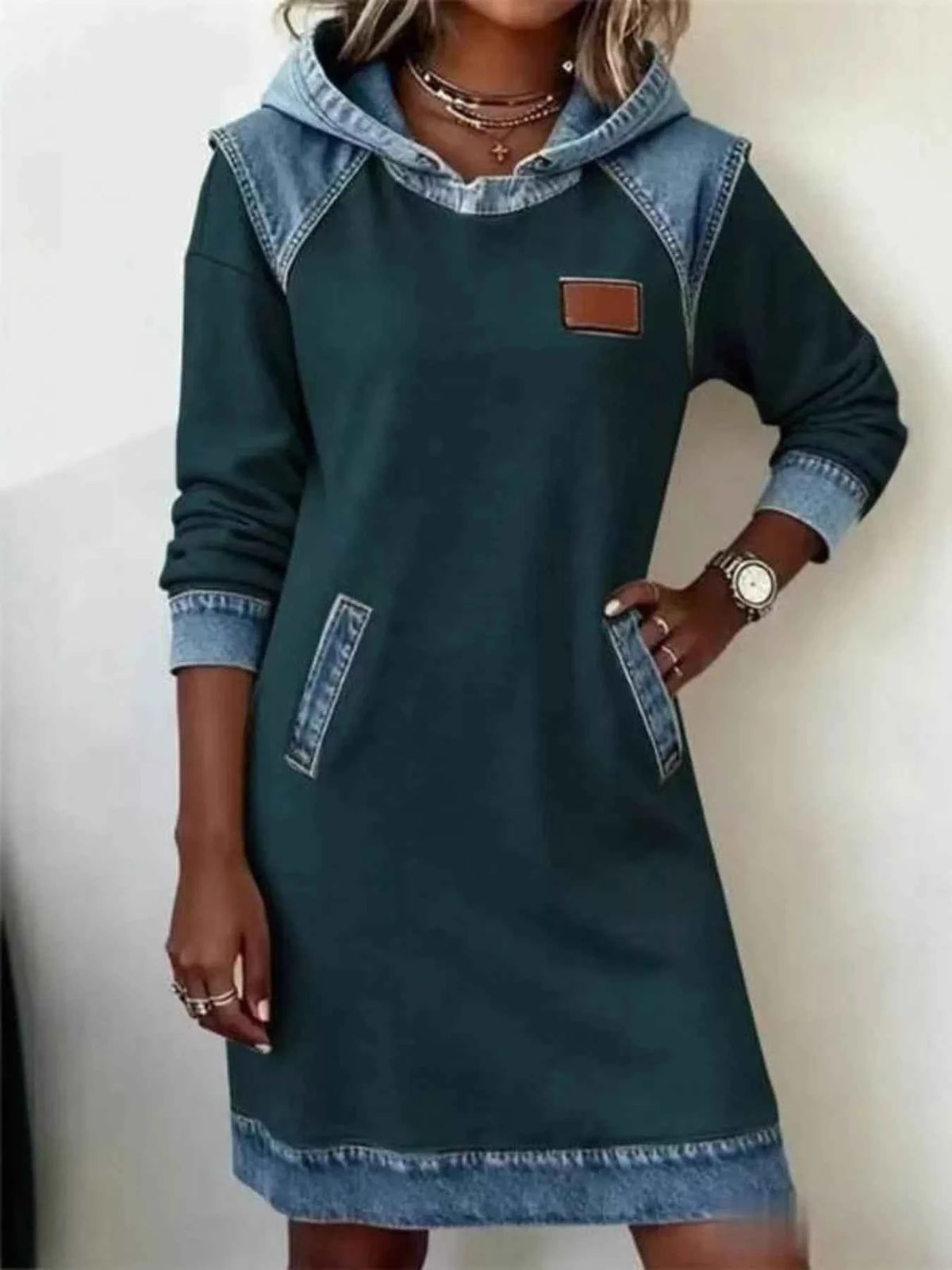 Full Size Denim Patchwork Hooded Sweatshirt Dress Plus Size