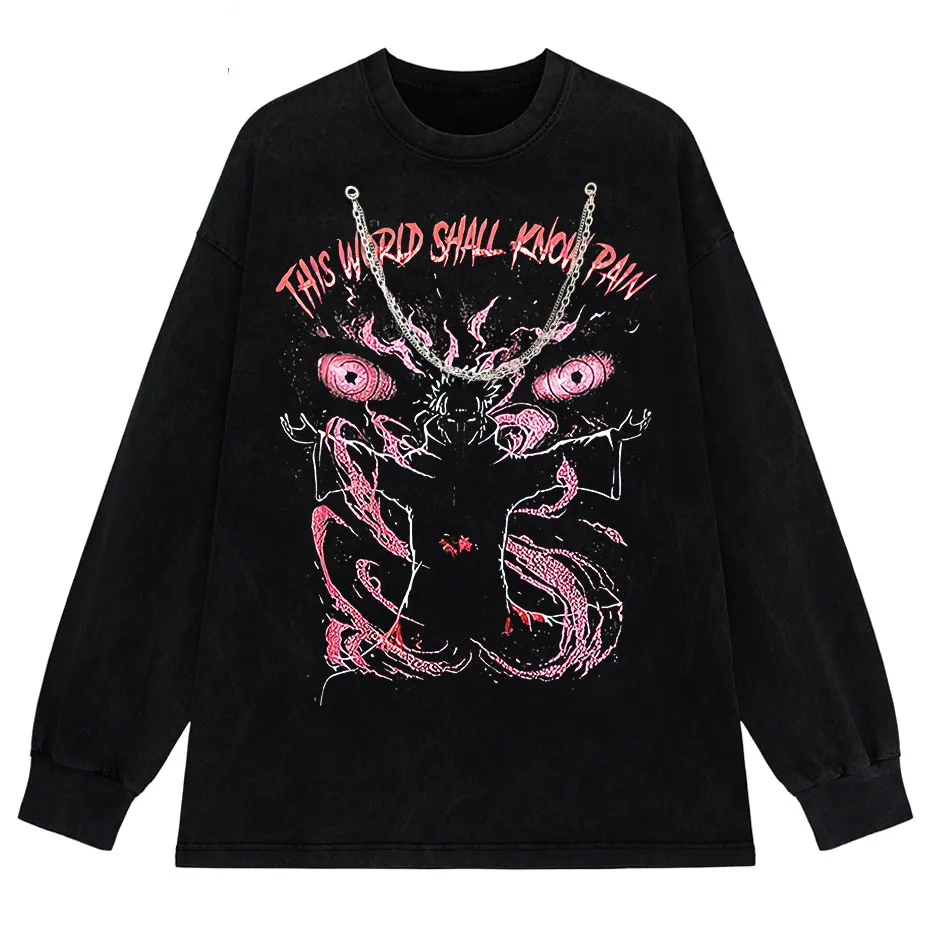 Anime Pain Print Vintage Washed T-Shirt 100% Cotton Harajuku Streetwear-1