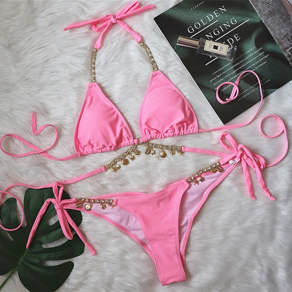 Strap Solid Color Female Split Crystal Diamond Bikini
