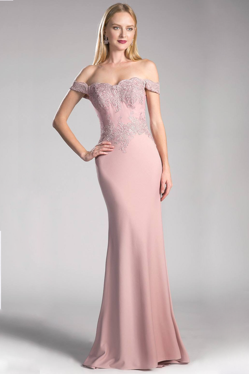 Off the Shoulder Fitted Gown with Lace Applique Details and Stretch Jersey-0