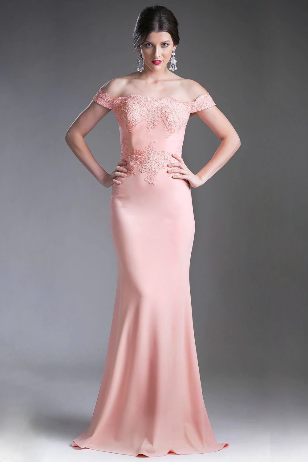 Off the Shoulder Fitted Gown with Lace Applique Details and Stretch Jersey-2