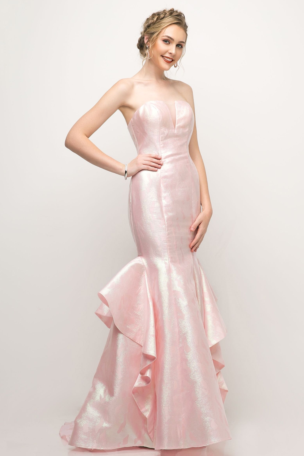 Strapless Jacquard Layered Mermaid Gown With V-Neckline and Train-1