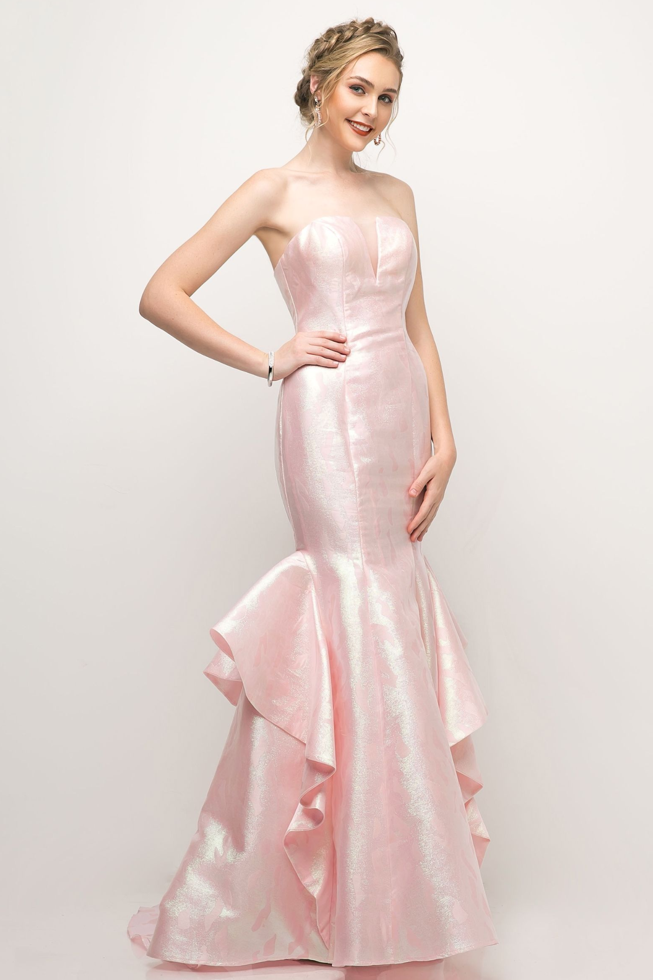 Strapless Jacquard Layered Mermaid Gown With V-Neckline and Train-1