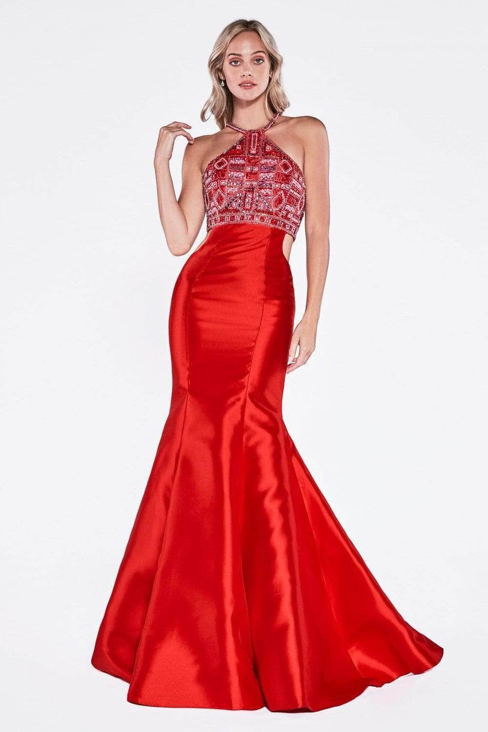 Fitted Mermaid Mikado Gown with Beaded Halter Neckline-1