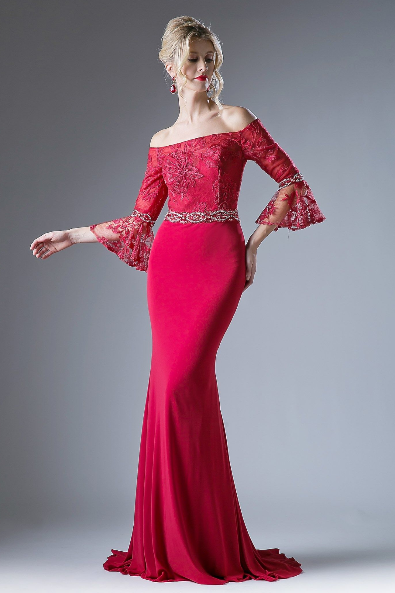 Beaded Belt Lace Bodice Stretch Knit Sheath Dress-3