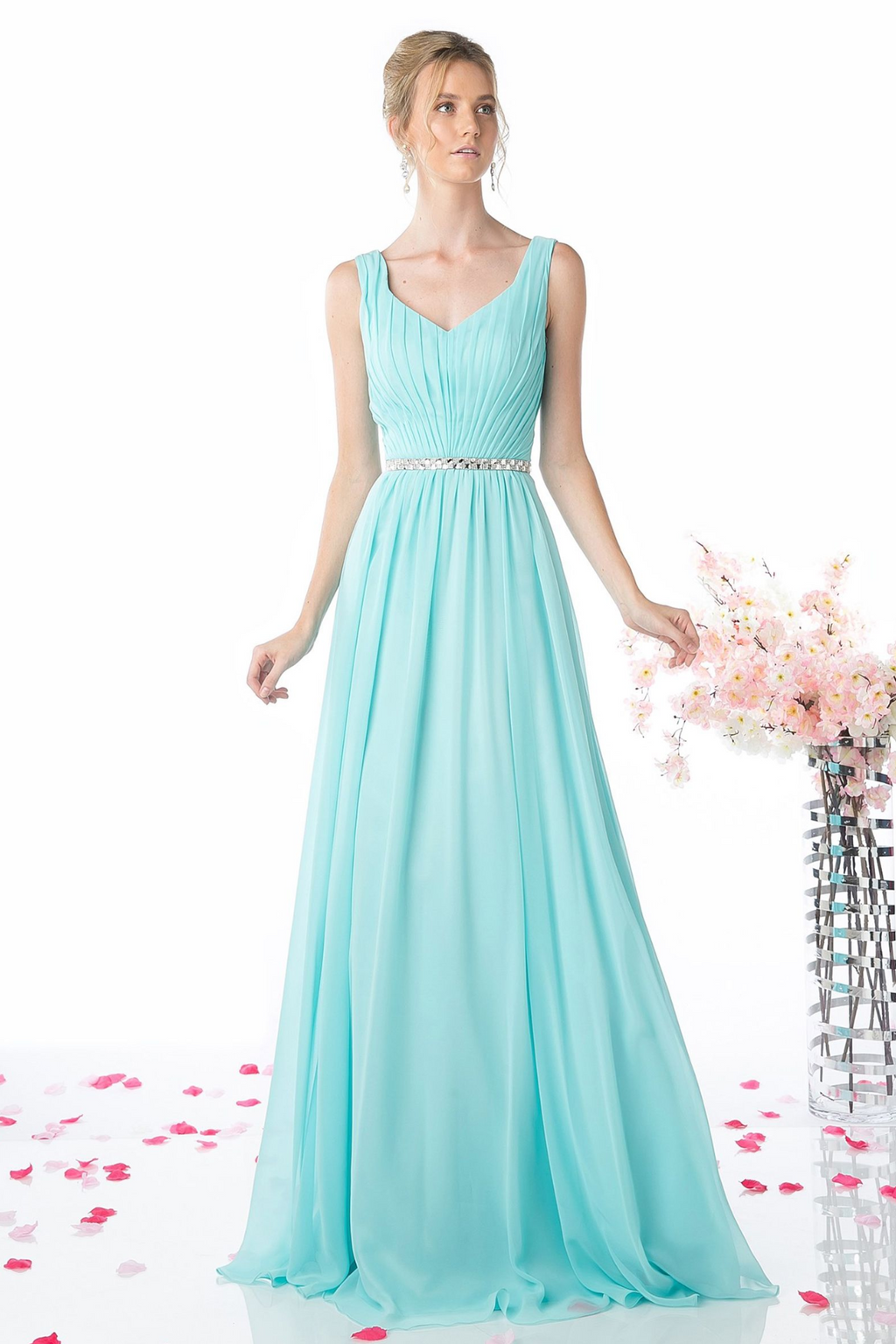A-Line Chiffon Gown With V-Neckline and Beaded Belt-1