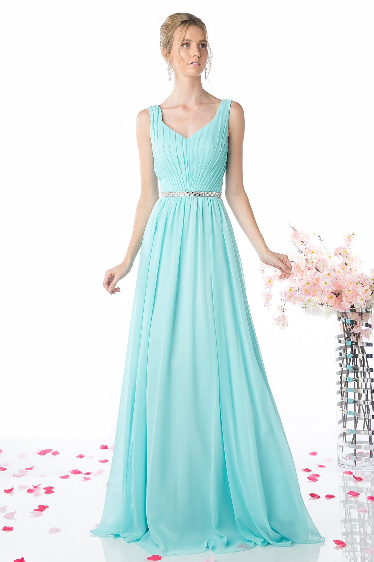 A-Line Chiffon Gown With V-Neckline and Beaded Belt-1