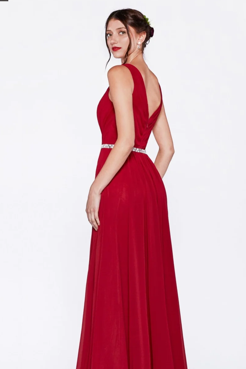 A-Line Chiffon Gown With V-Neckline and Beaded Belt-0