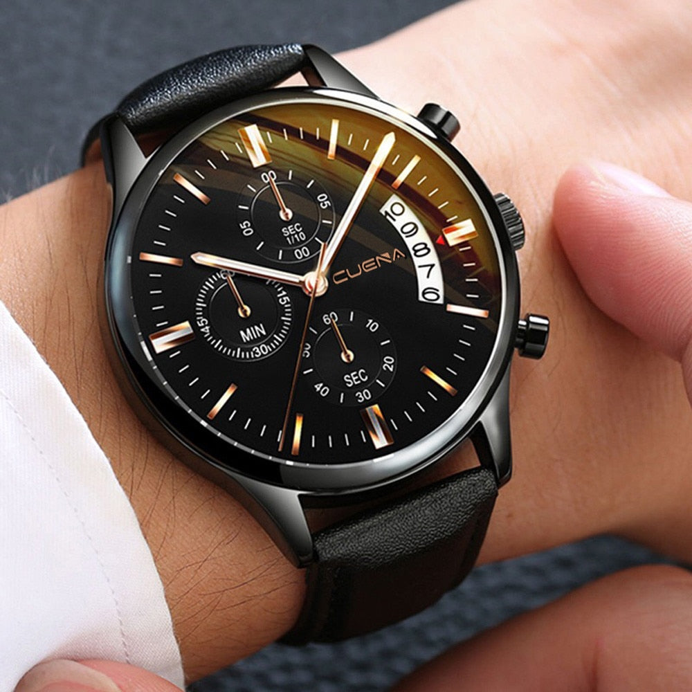 CUENA Fashion Men's Stainless Steel Watch Leather Band Analog Quartz Wrist Watch