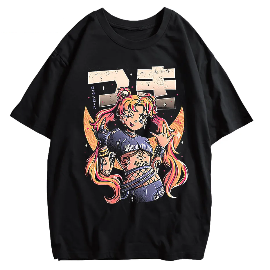 Men's Retro Anime Girl Graphic T-Shirt Cotton Oversized Vintage Tee-5