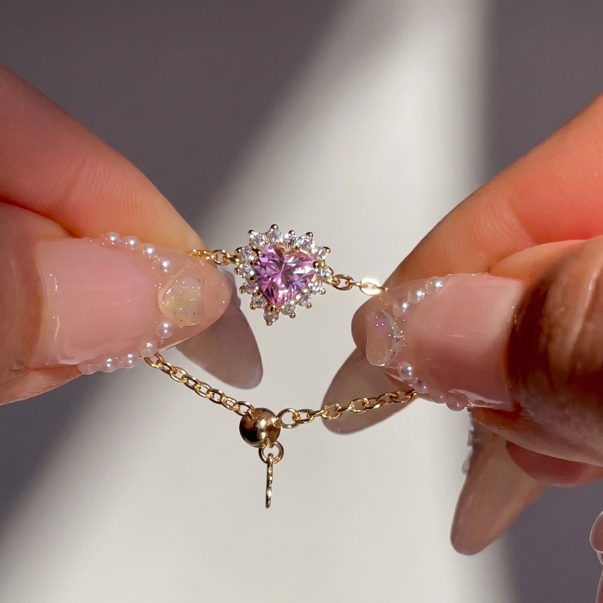 Romantic Pink Heart Chain Ring in 925 Sterling Silver with AAAA Zirconia on Female Hand