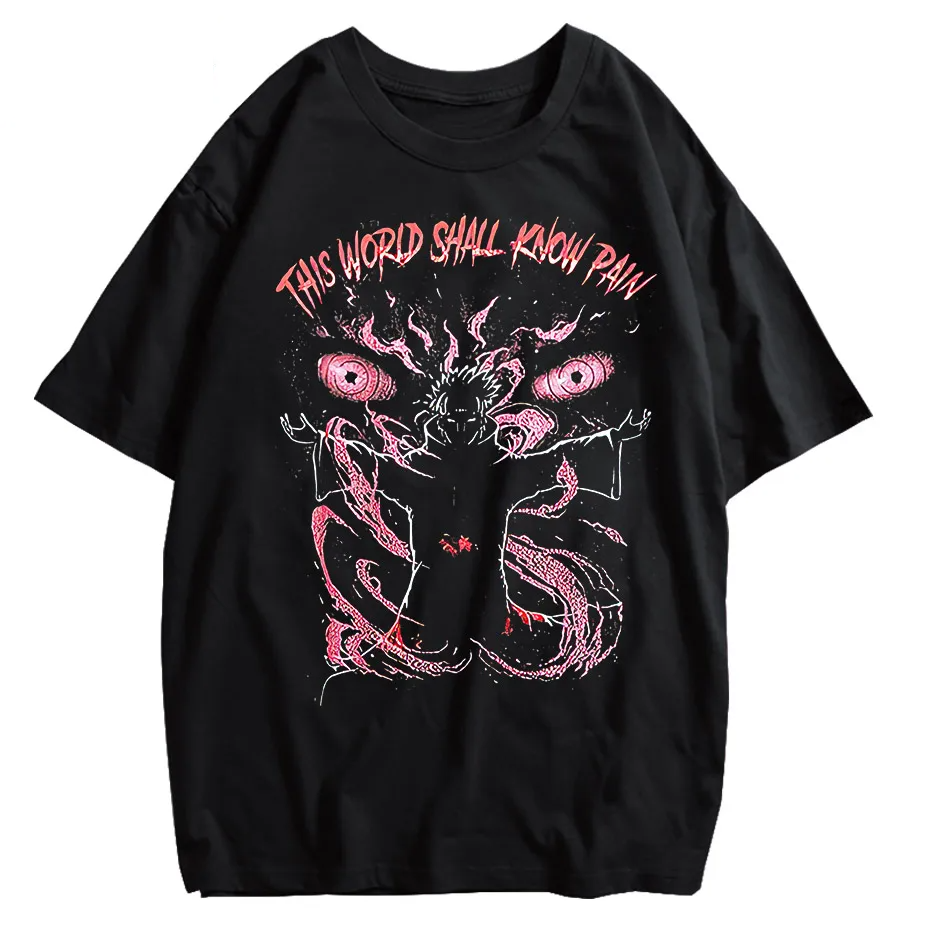 Anime Pain Print Vintage Washed T-Shirt 100% Cotton Harajuku Streetwear-4