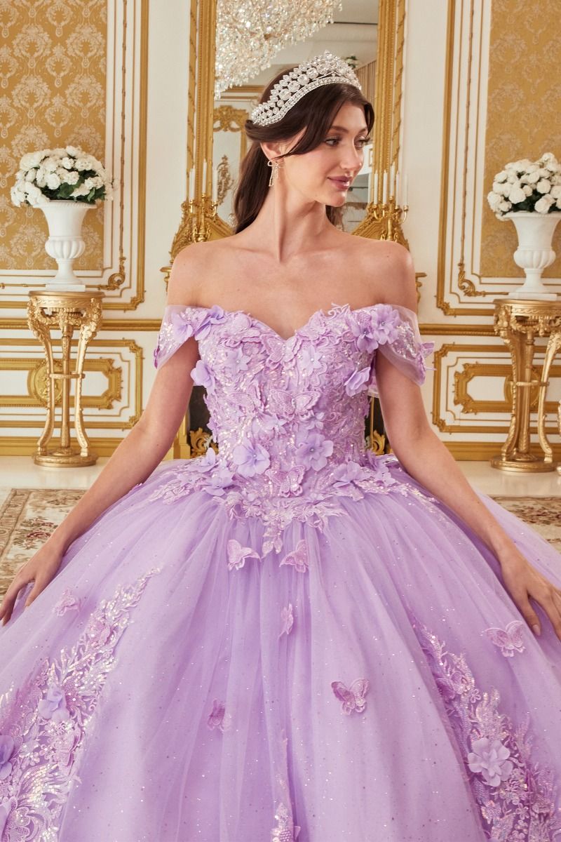 Off the Shoulder Floral Appliqued Ball Gown-3
