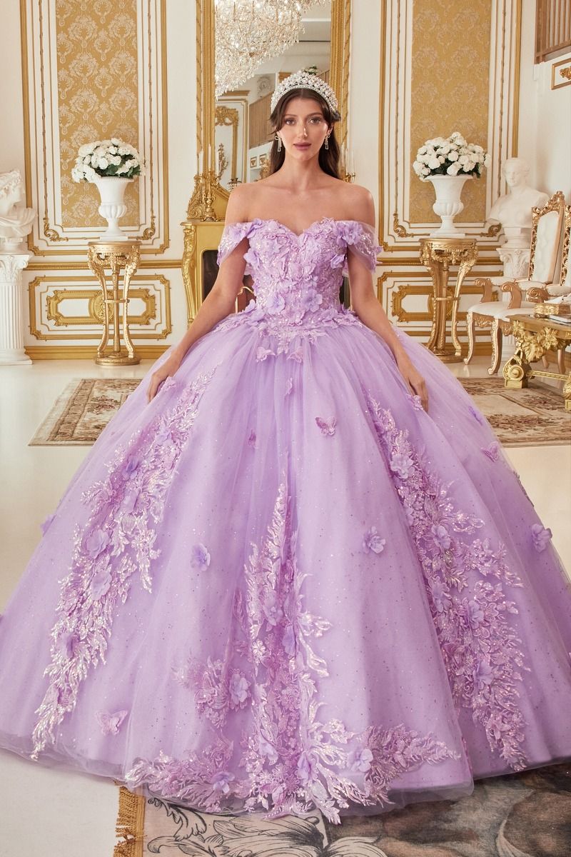 Off the Shoulder Floral Appliqued Ball Gown-4