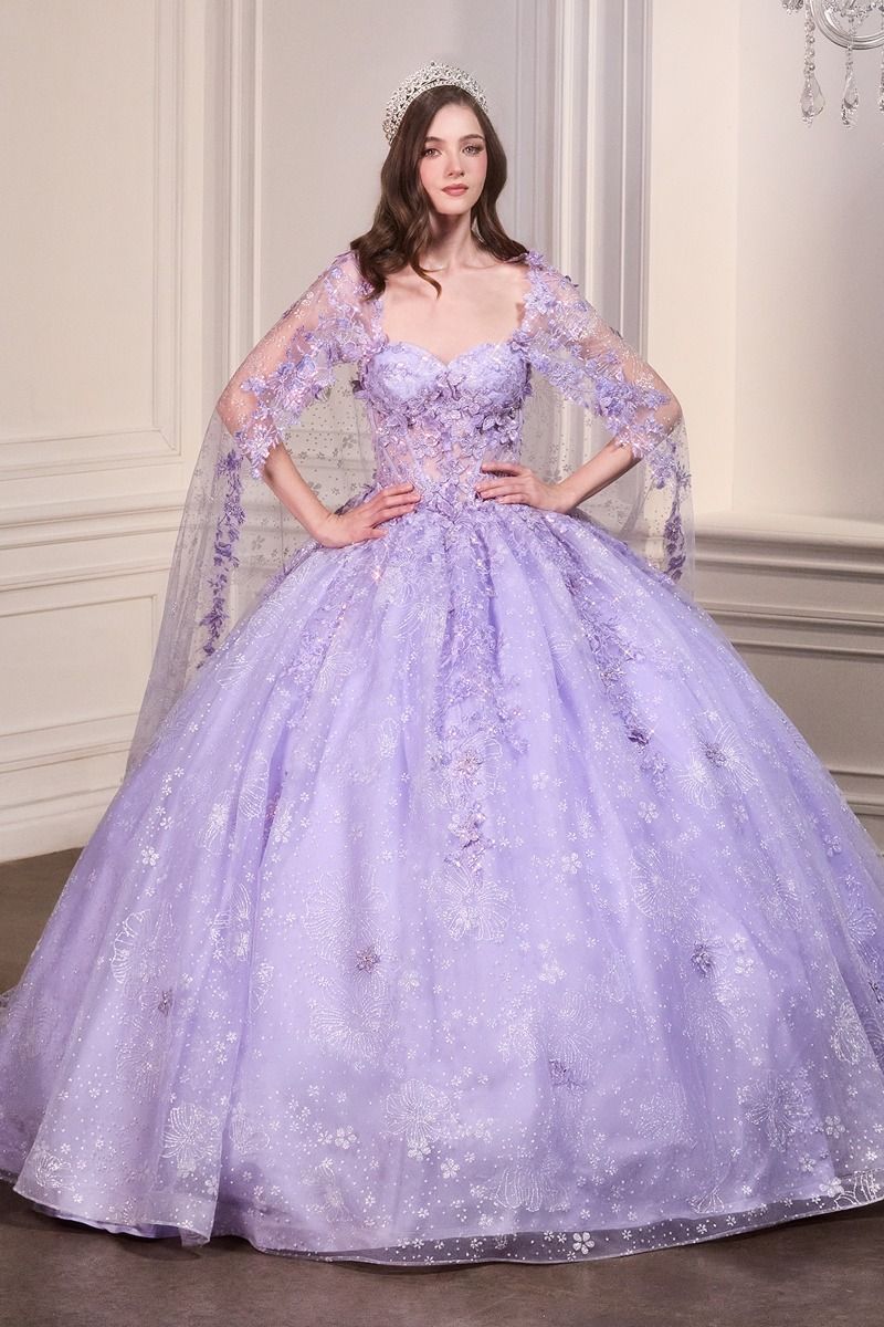 Floral Quinceanera Ball Gown With Cape-5