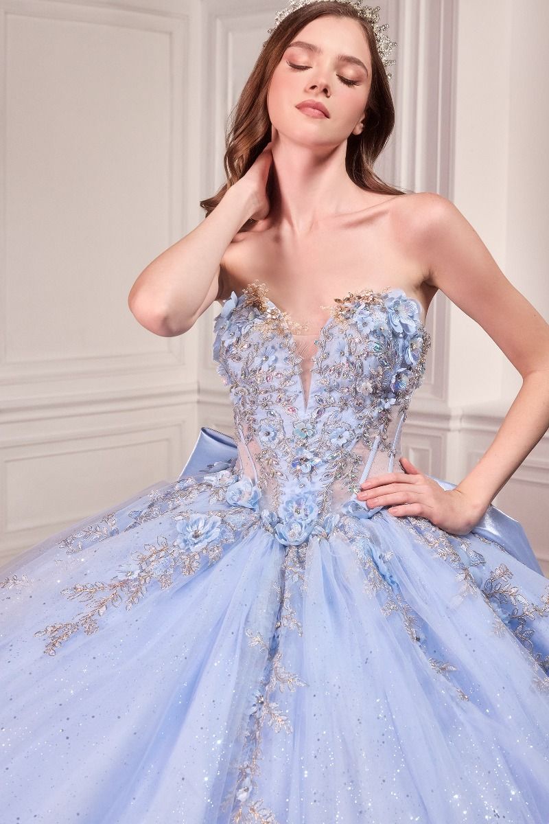 Strapless Sweetheart Floral Quinceañera Ball Gown with Satin Bow and Cathedral Train-2