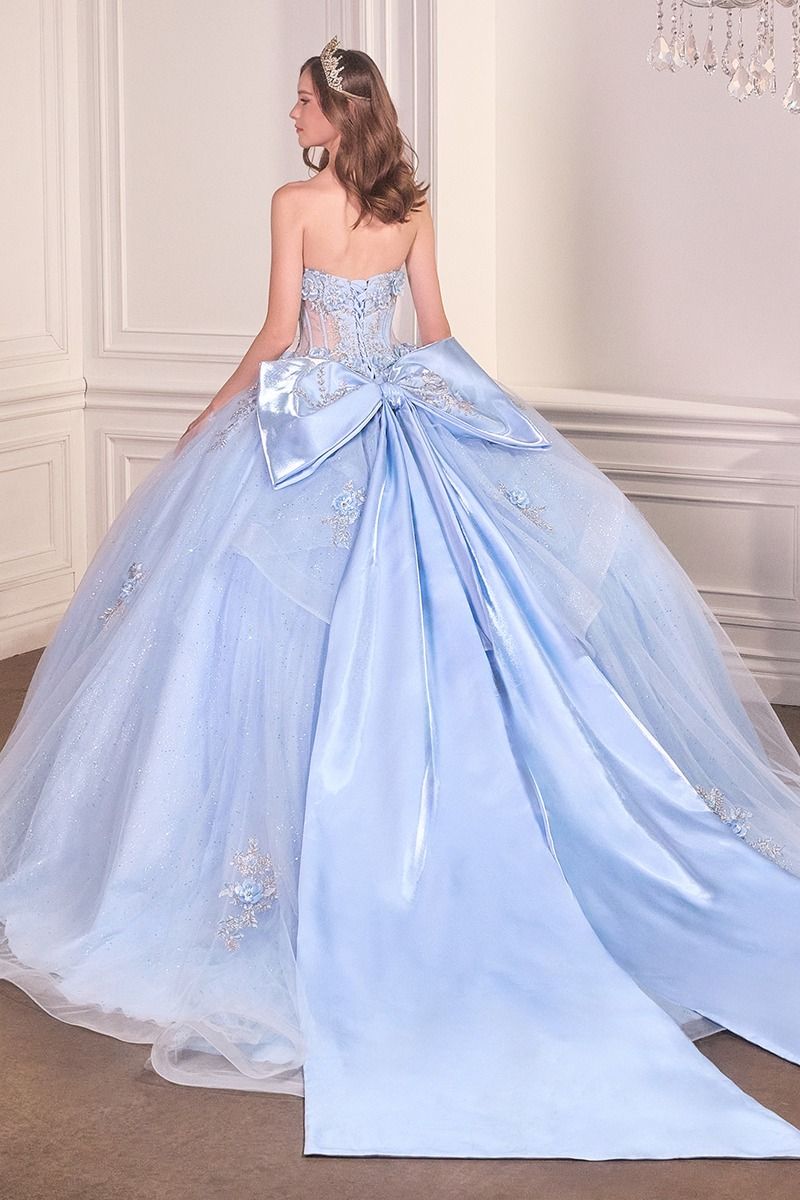 Strapless Sweetheart Floral Quinceañera Ball Gown with Satin Bow and Cathedral Train-1