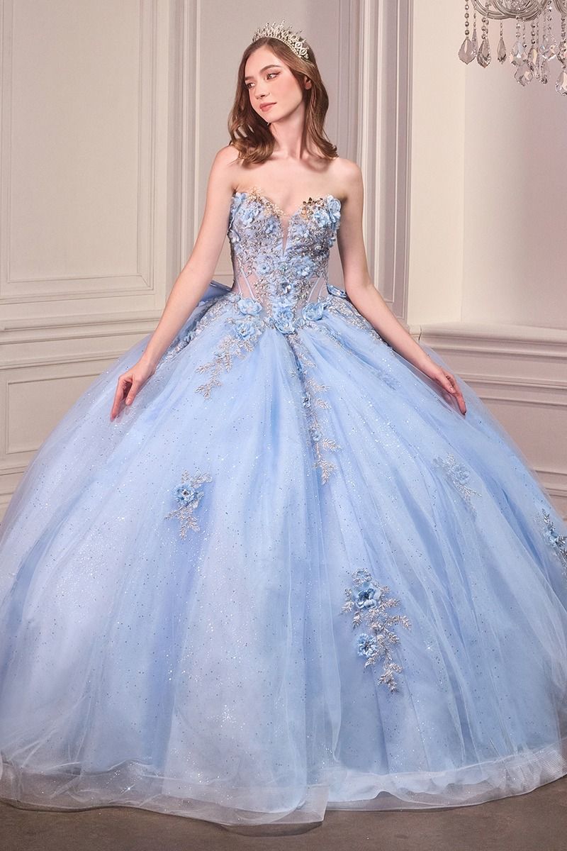 Strapless Sweetheart Floral Quinceañera Ball Gown with Satin Bow and Cathedral Train-1