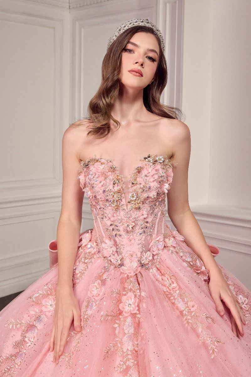 Strapless Sweetheart Floral Quinceañera Ball Gown with Satin Bow and Cathedral Train-4