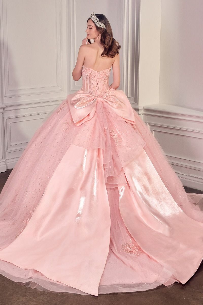Strapless Sweetheart Floral Quinceañera Ball Gown with Satin Bow and Cathedral Train-4