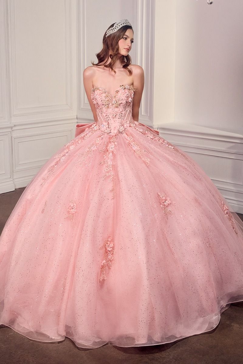 Strapless Sweetheart Floral Quinceañera Ball Gown with Satin Bow and Cathedral Train-5