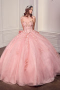 Strapless Sweetheart Floral Quinceañera Ball Gown with Satin Bow and Cathedral Train-5