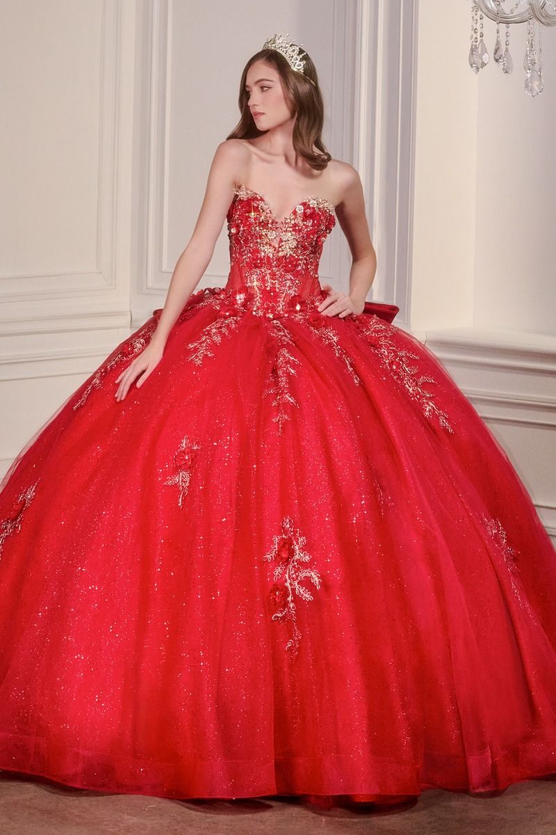 Strapless Sweetheart Floral Quinceañera Ball Gown with Satin Bow and Cathedral Train-5
