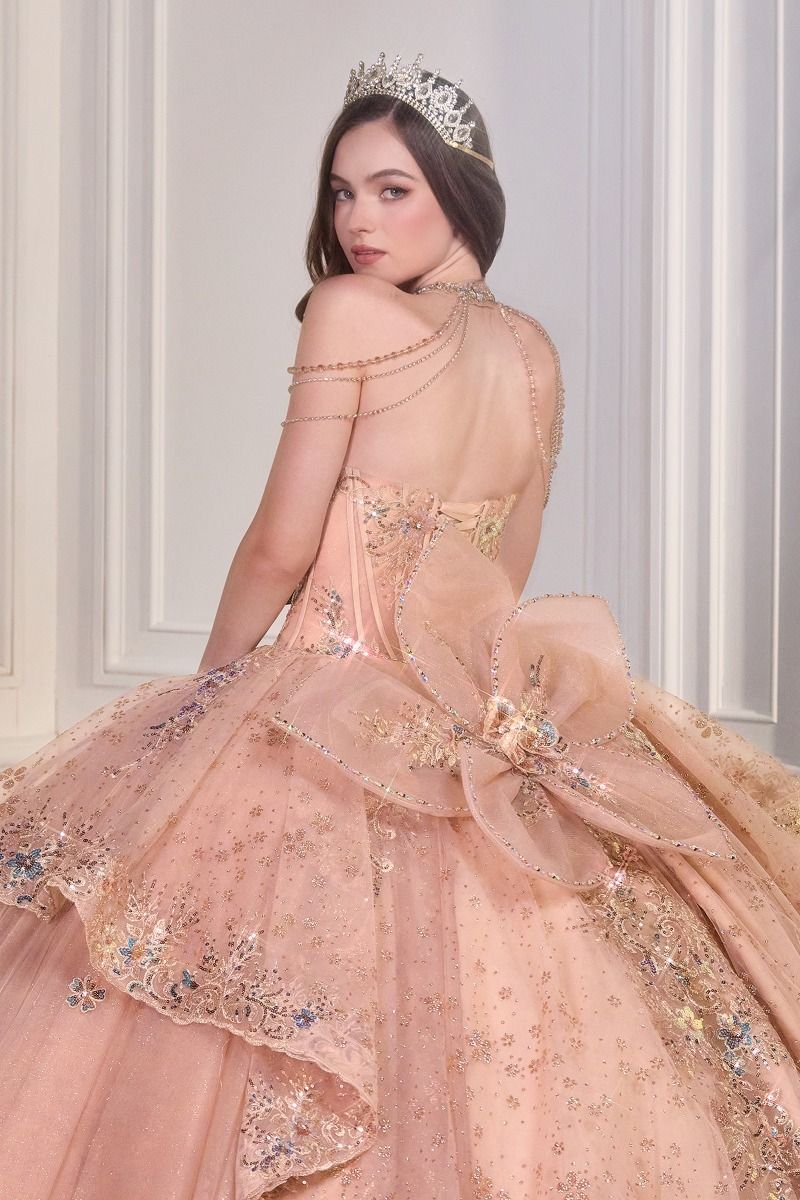 Sweetheart Embroidered Quinceañera Ball Gown with Crystal Shoulder Chains and Bow-2