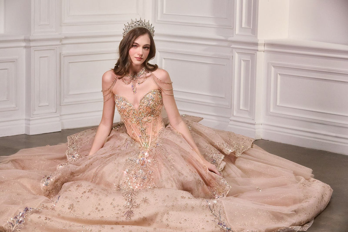 Sweetheart Embroidered Quinceañera Ball Gown with Crystal Shoulder Chains and Bow-3