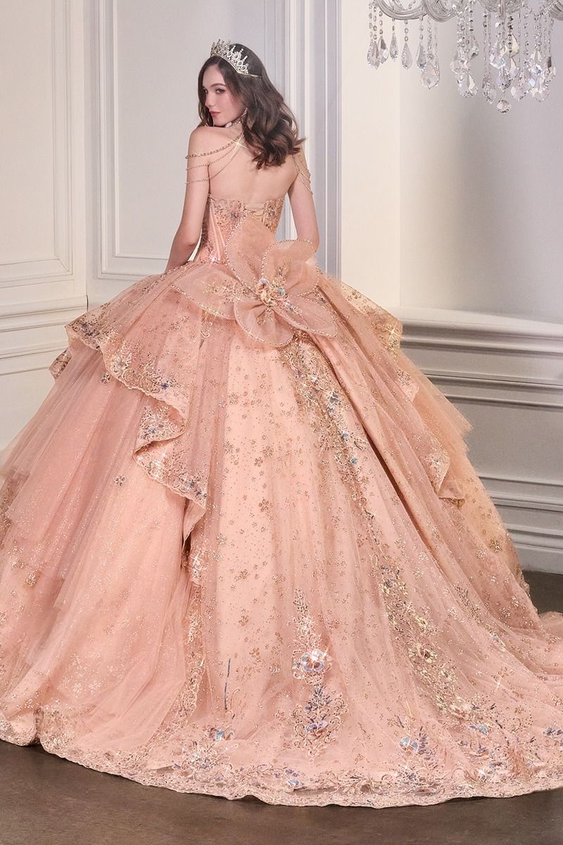 Sweetheart Embroidered Quinceañera Ball Gown with Crystal Shoulder Chains and Bow-1