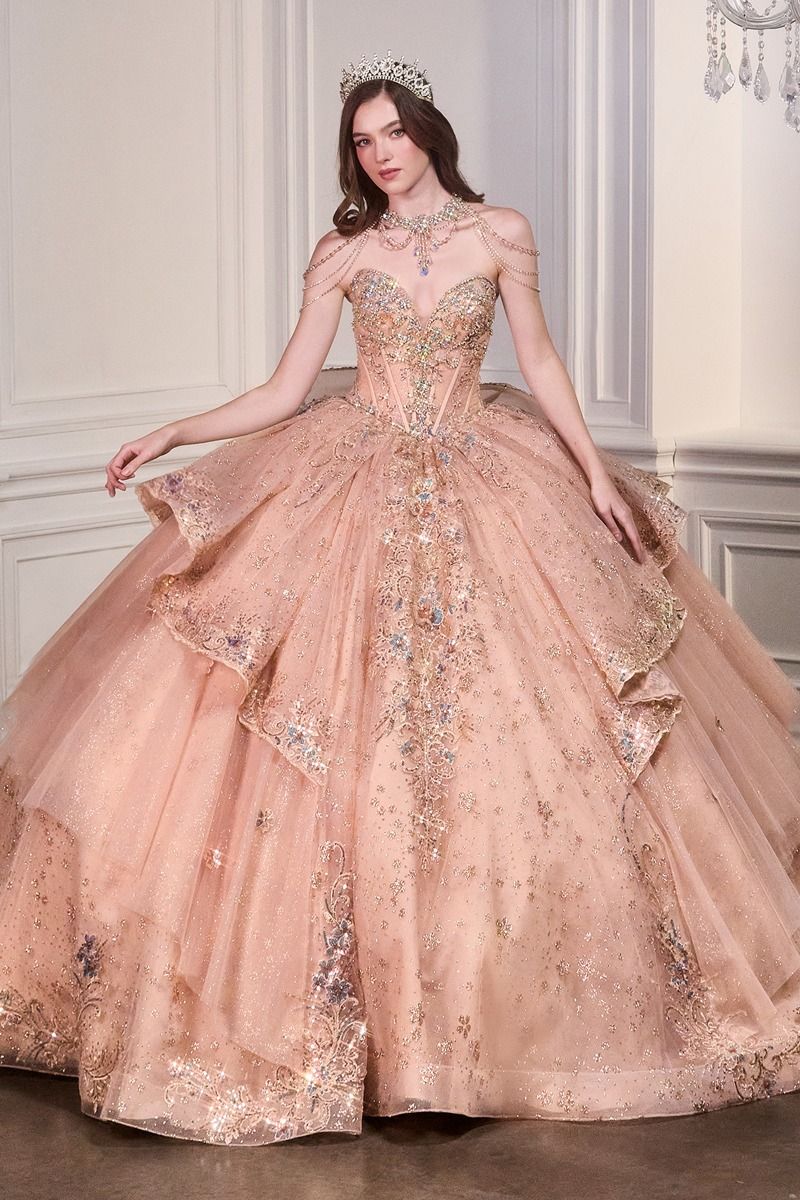 Sweetheart Embroidered Quinceañera Ball Gown with Crystal Shoulder Chains and Bow-0