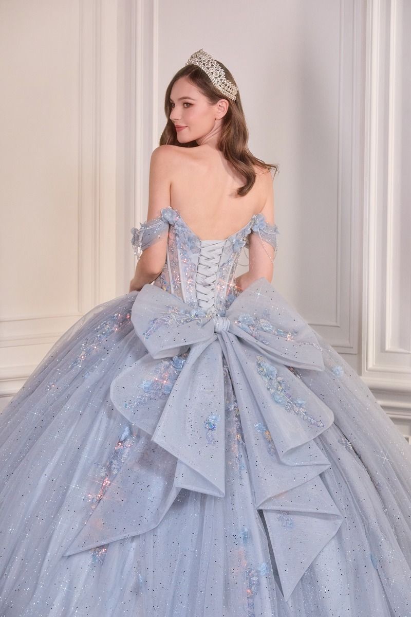 Off-Shoulder Floral Appliqué Quinceañera Ball Gown with Oversized Bow-2