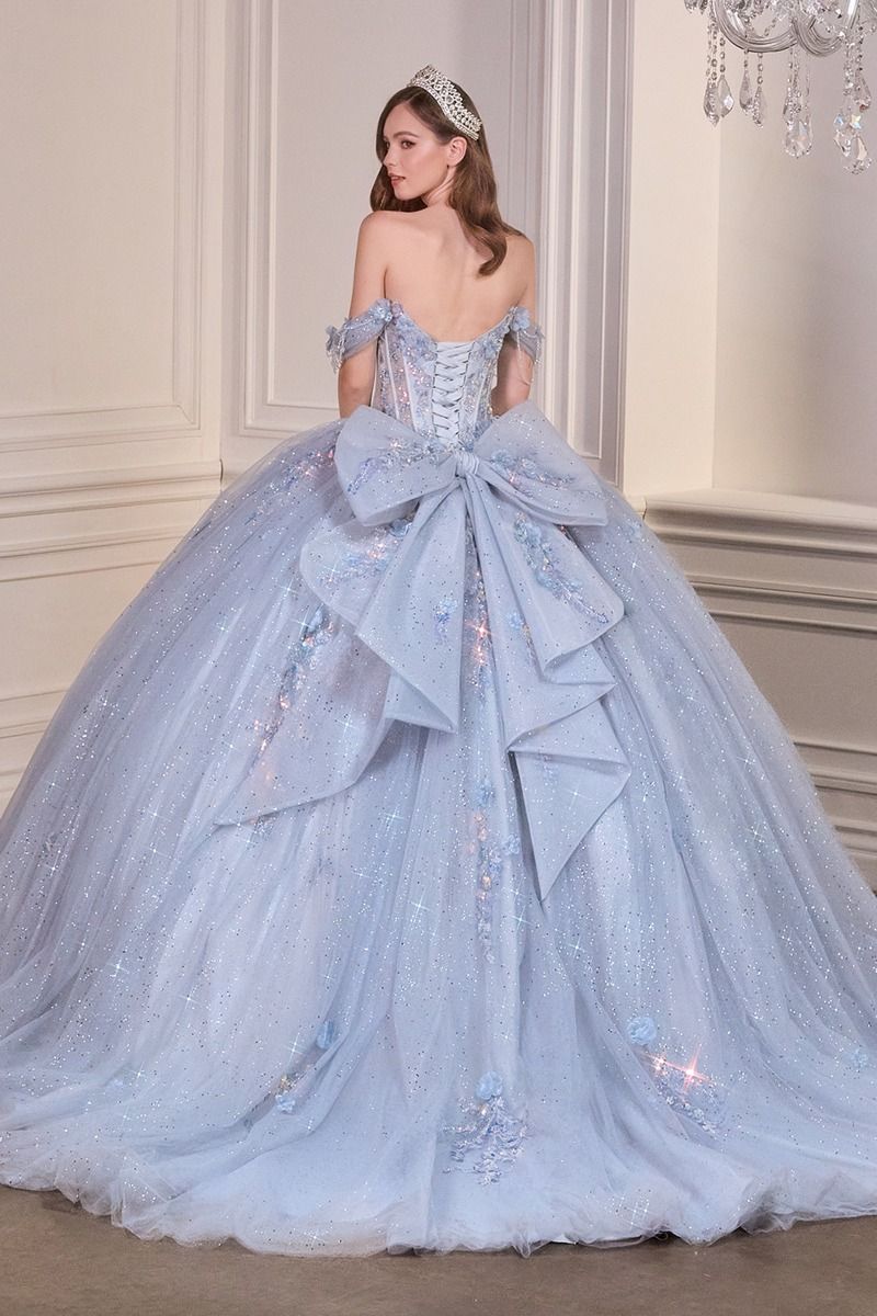 Off-Shoulder Floral Appliqué Quinceañera Ball Gown with Oversized Bow-1